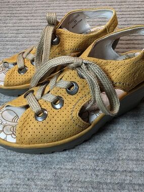 FLY London Shoes Womens Yellow Ylva Perforated Wedge Pump Sandals Size 39